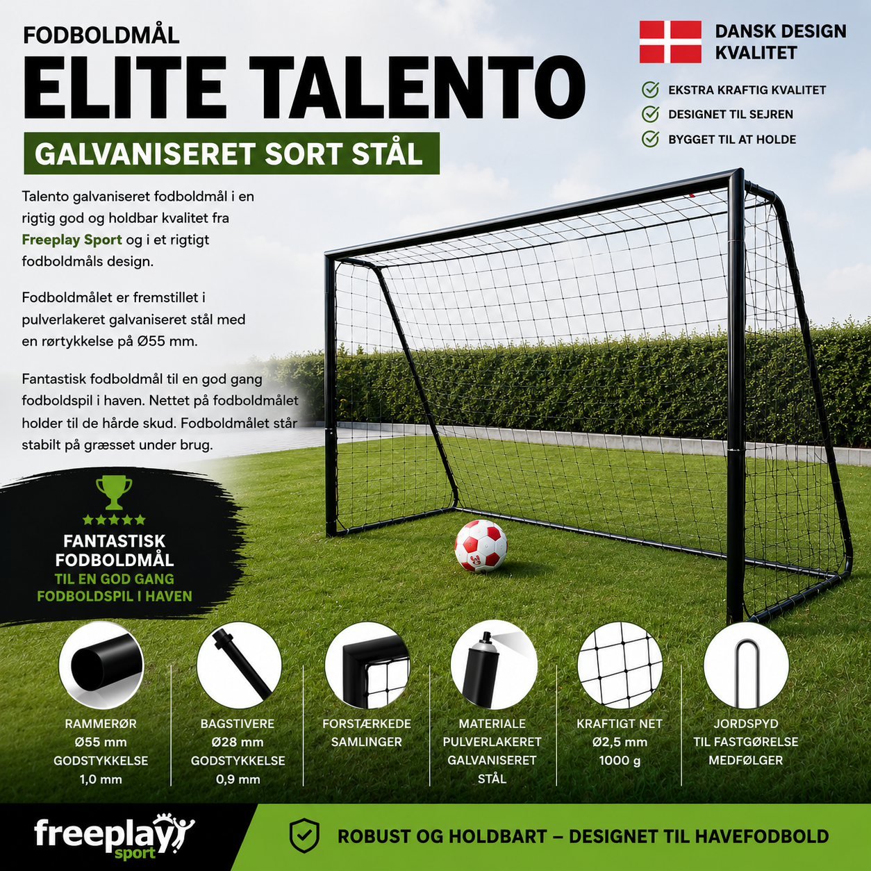 Talento fodboldmål fra Freeplay Sport. Danmarks bedste fodboldmål til haven i stål
